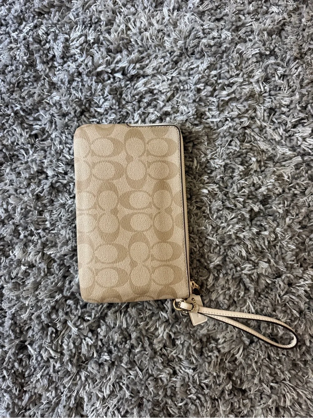 Coach Beige Signature Canvas Wristlet with Chalk Trim